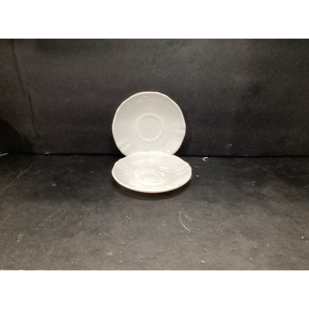 Arcopal France TRIANON IVORY Saucer Scalloped Swirls Milk Glass 5 3/8" Set of 2